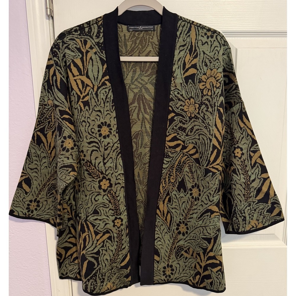 Peruvian Connection Open Cardigan Women XL Green Asian Floral Kimono Pima Cotton